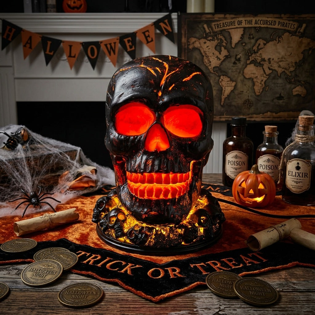 Glowing Cracked Skull Decor Light Resin Gothic Halloween Home Bar Tabletop Ornament