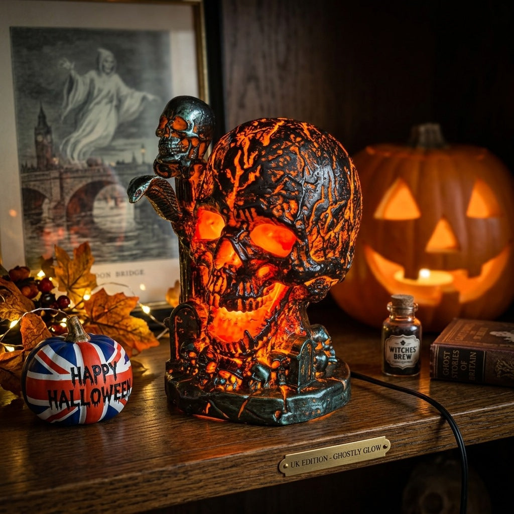 Magma Glowing Resin Skull Light with Snake & Tombstone Gothic Halloween Tabletop Decor