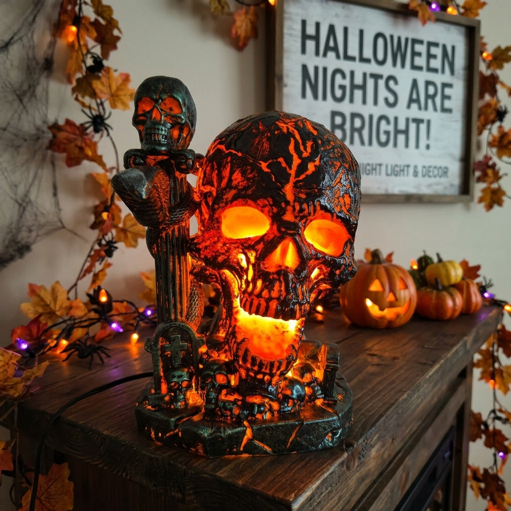 Magma Glowing Resin Skull Light with Snake & Tombstone Gothic Halloween Tabletop Decor