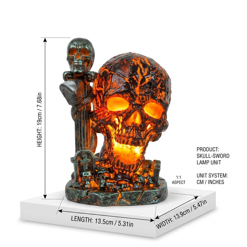 Magma Glowing Resin Skull Light with Snake & Tombstone Gothic Halloween Tabletop Decor